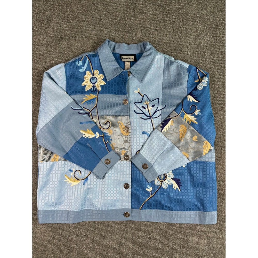 Indigo Moon Patchwork Jacket 3XL Floral Embroidered Button Front Indie Boho